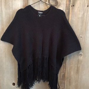 Express Black Sweater Poncho Fringe One Size